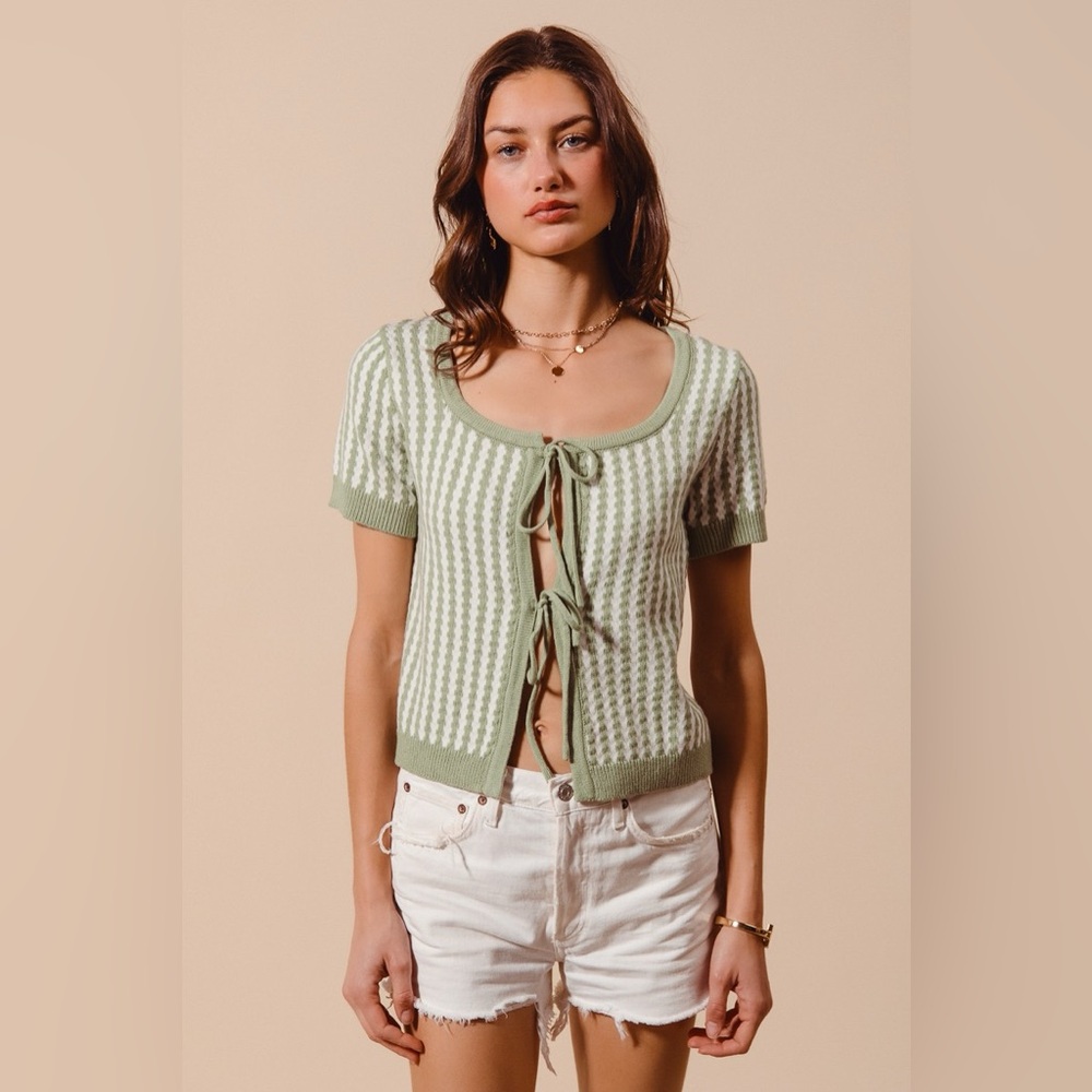 SO ME Tie Front Textured Vertical Stripe Knit Cardigan
